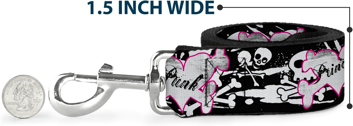 Buckle-Down Pet Leash - Punk Princess Heart & Cross Bones w/Skulls & Splatter Black/White - 6 Feet Long - 1" Wide