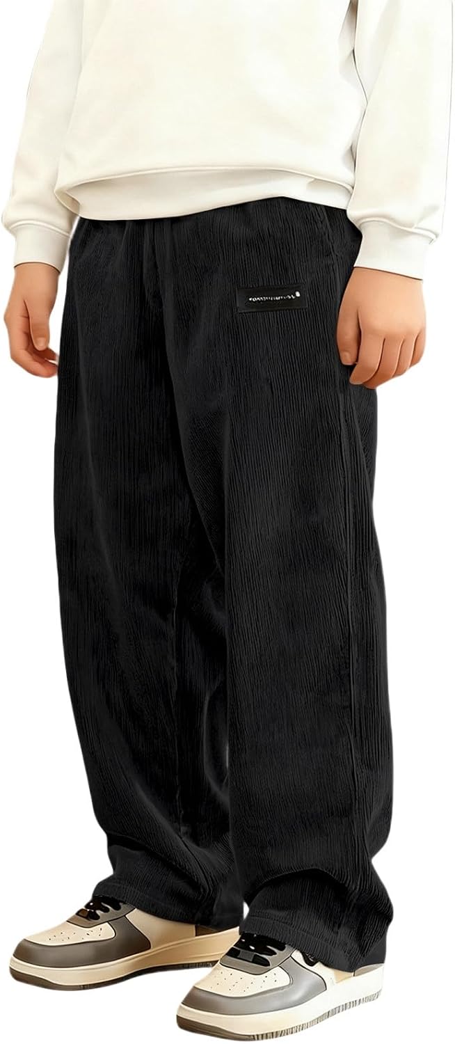 Teen Boys Corduroy Pants Casual Wide Leg Baggy Sweatpants Loose Fit Elastic Waist Drawstring Trousers with Pockets