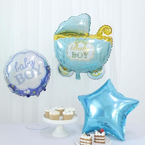 Miniatura 4 de Tableclothsfactory Juego de 5 globos de aluminio Mylar azul/blanco para baby shower, ramo de globos redondos y para cochecito de bebé con cinta,