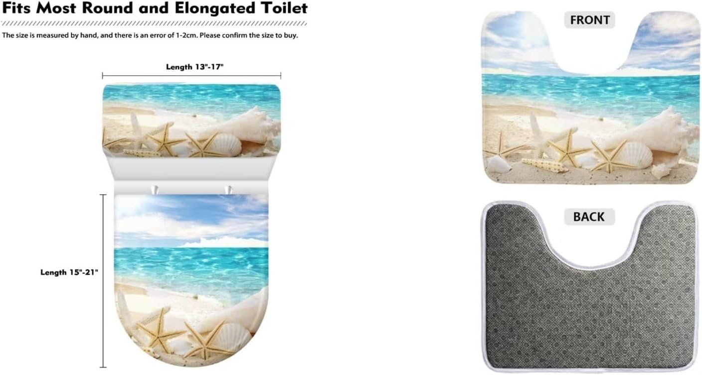 Starfish Beach Toilet Seat Cover Set with Mat of 3 Pieces Toilet Rugs U-Shaped Set Washable Toilet Lid Cover with Matching Rug Set Novelty Doormat Novelty Home Accessories Decor