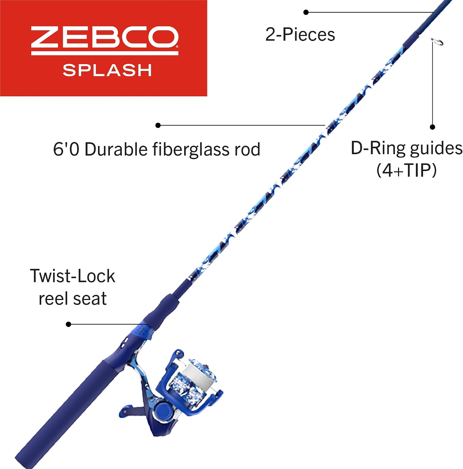 Zebco Splash Spinning Reel and Fishing Rod Combo, Fiberglass Rod, 2-Bearings, All Metal Gears, 5.2:1 Gear Ratio