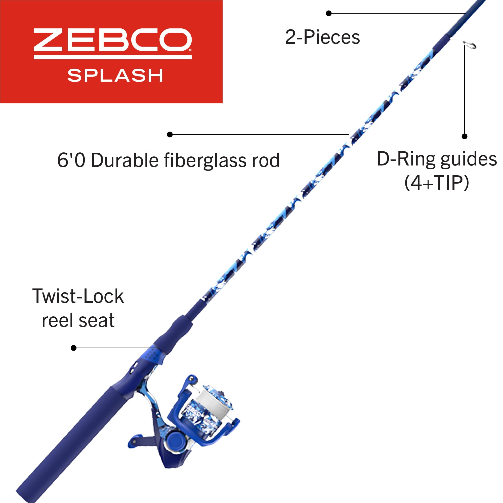 Zebco Splash Spinning Reel and Fishing Rod Combo, 6-Foot 2-Piece Fiberglass Rod, Medium-Light Power, Moderate Action, Size 20 Reel, Tidepool Blue : Sports & Outdoors