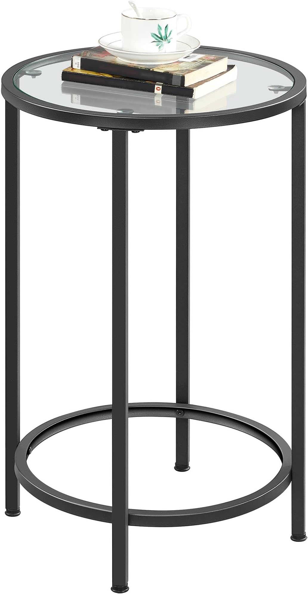Yaheetech Glass End Table, Round Side Table, Small Coffee Accent Table Nightstand w/Glass Top & Metal Frame for Living Room/Balcony/Bedroom/Porch/Small Space, Modern Style, Black