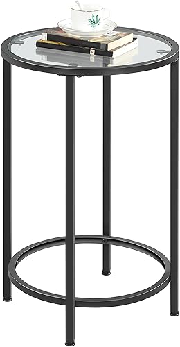Yaheetech Mesa auxiliar de cristal, mesa auxiliar redonda, mesita de noche pequeña con parte superior de vidrio y marco de metal para sala de estar,