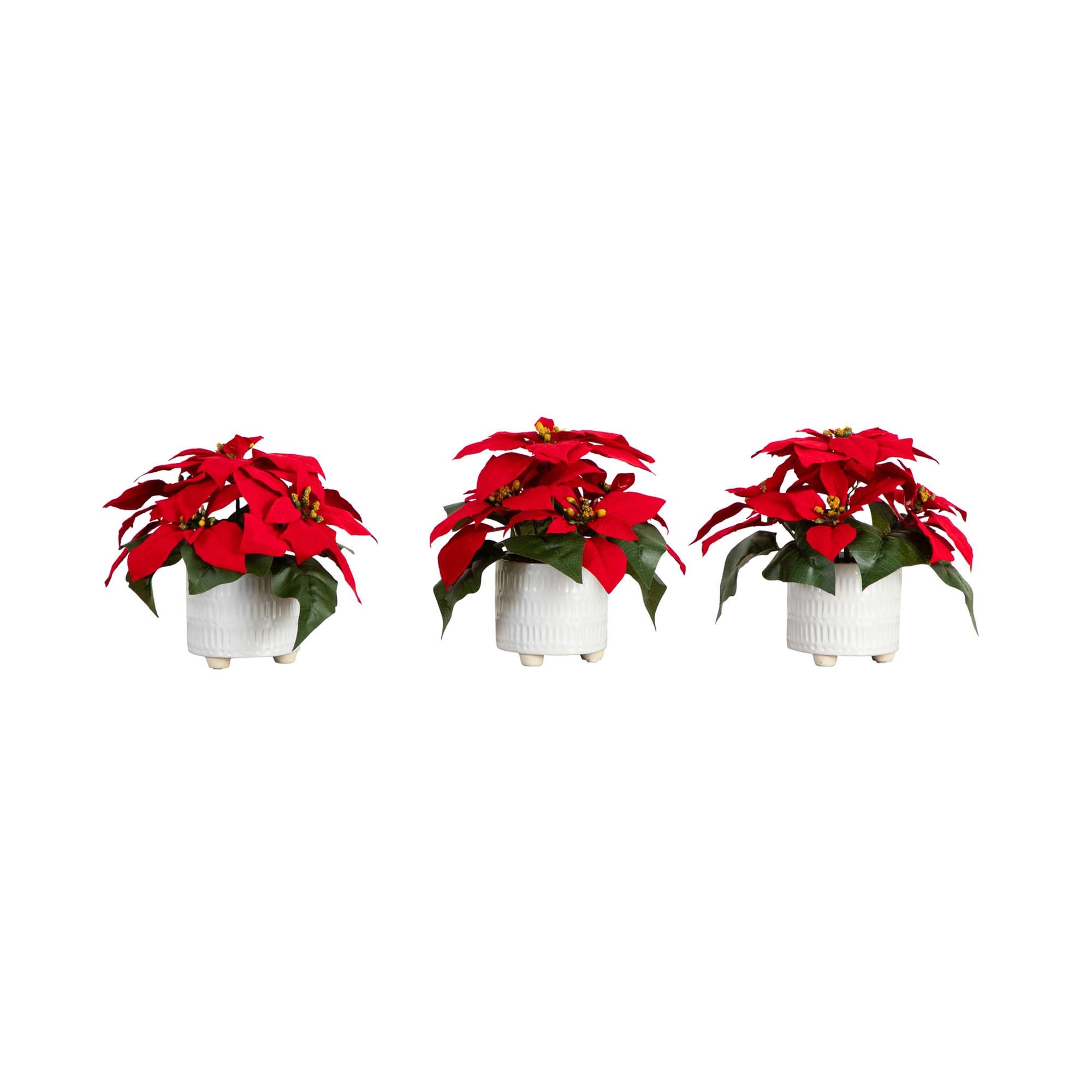 Nearly Natural Lot de 3 Arrangements de Poinsettia artificiels dans des Pots en céramique Blanche 22,9 cm