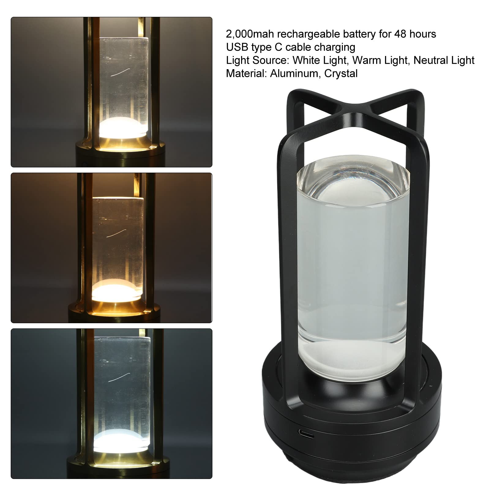 Bezprzewodowa lampa stołowa - Bezstopniowa przyciemniana lampka nocna z aluminium i kryształem, 3 kolory do salonu - Przenośna i ładowalna/62