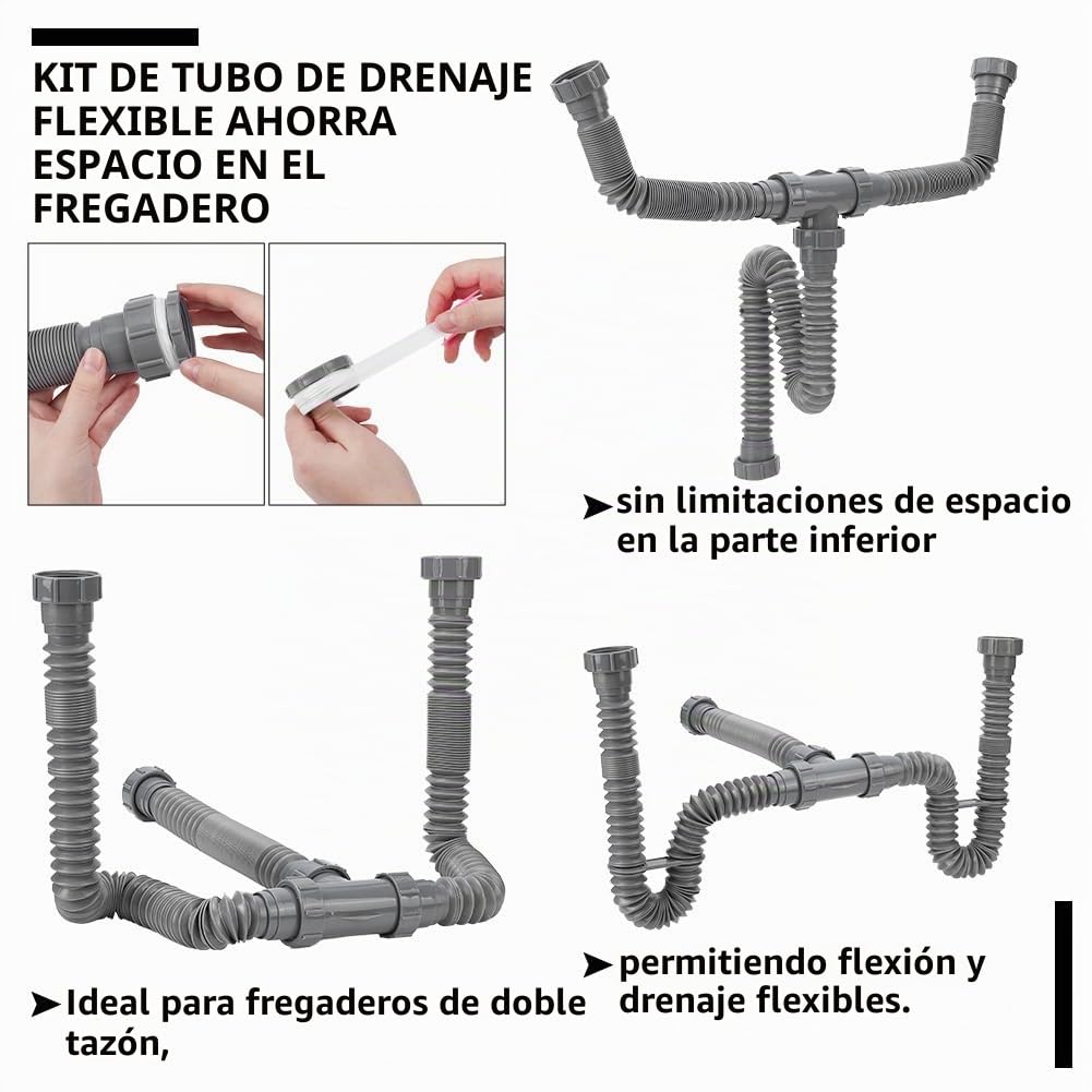 NBEADS Kit de drenaje de doble fregadero, trampa P flexible, juego de fontanería con 2 rollos de cinta de sellado PTFE, kit de tubos para cocina y baño con anillo de sellado, gris