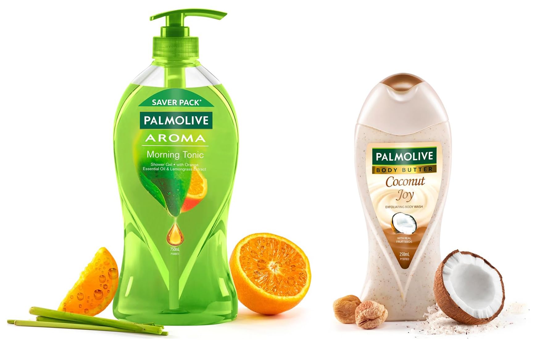 Aroma Morning Tonic Body Wash, 750ml Shower Gel Single Pump Bottle & Palmolive Coconut Joy Body Wash, 250ml