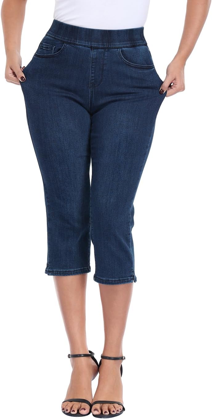 HDE Womens Pull On Capri Jeans Elastic High Waist Tummy Control 21" Inseam Slim Fit Cropped Stretch Denim Capris with Pockets