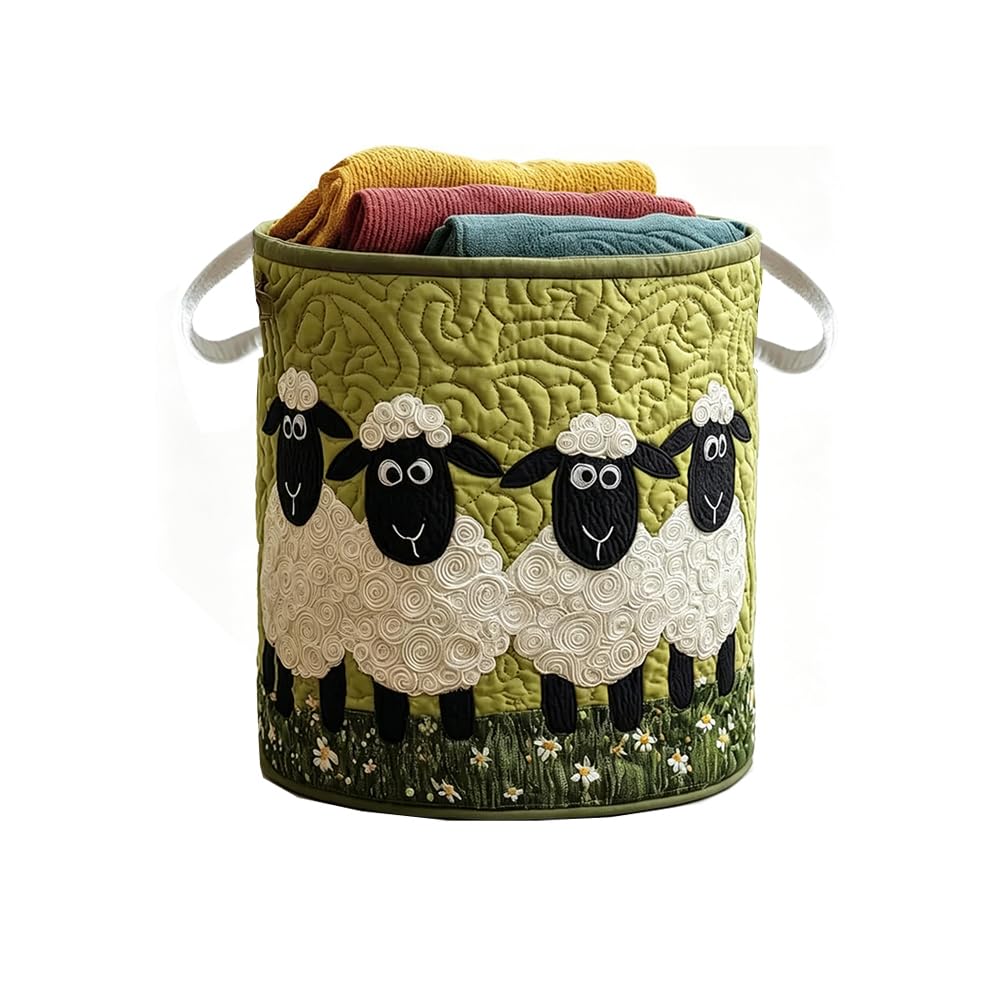 3D Cute Sheep Print Quilted Laundry Basket Home Storage Hamper with Handles (KT37770A01,S)