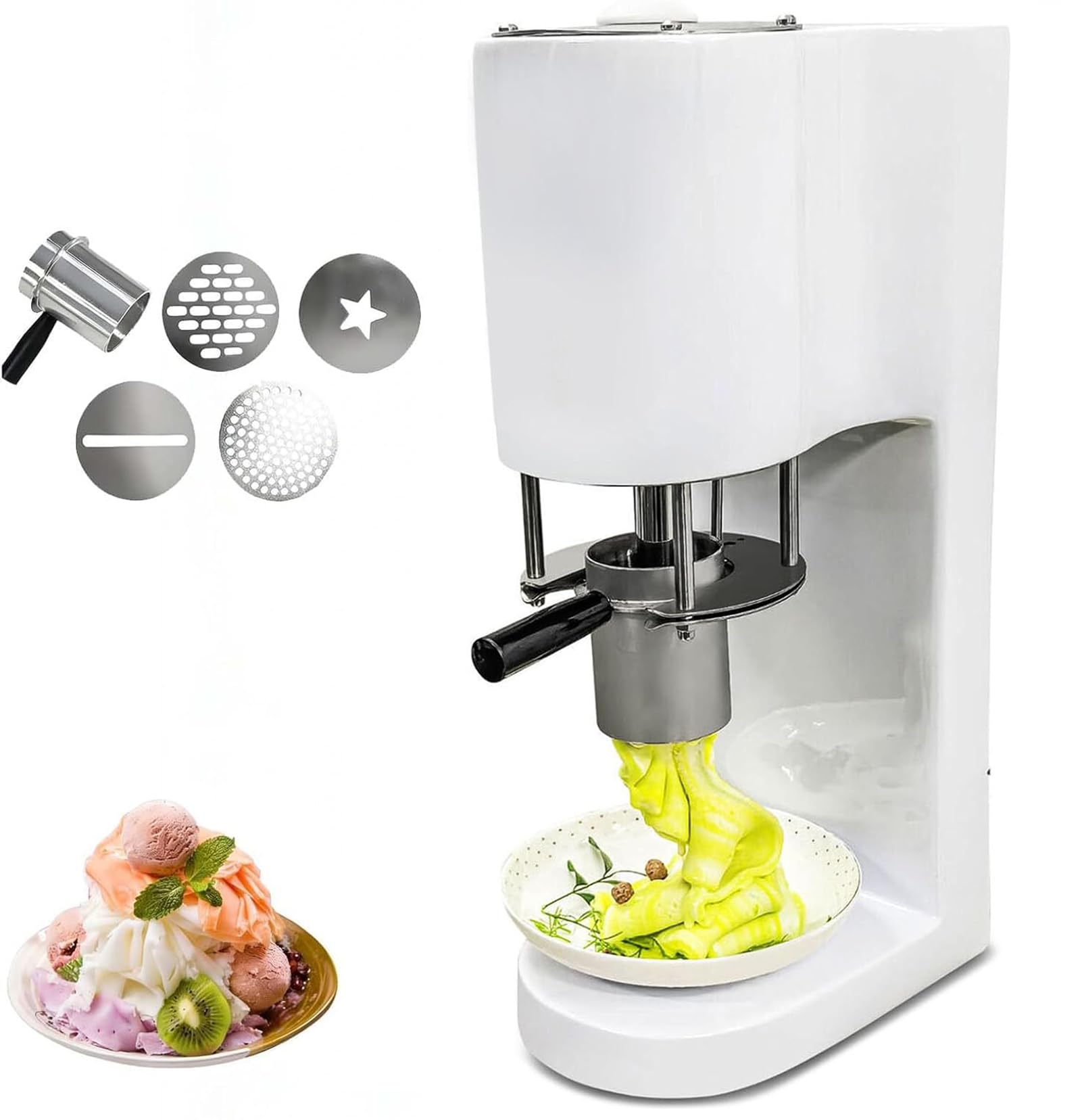 GZGHRZQS Spaghetti Ice Cream Press Machine, Multi-Shape Press Machine 4 Interchangeable Molds, Space Saving Design, One-Touch Start, East Clean, Soft Serve Dessert Machine for Shops, Catering