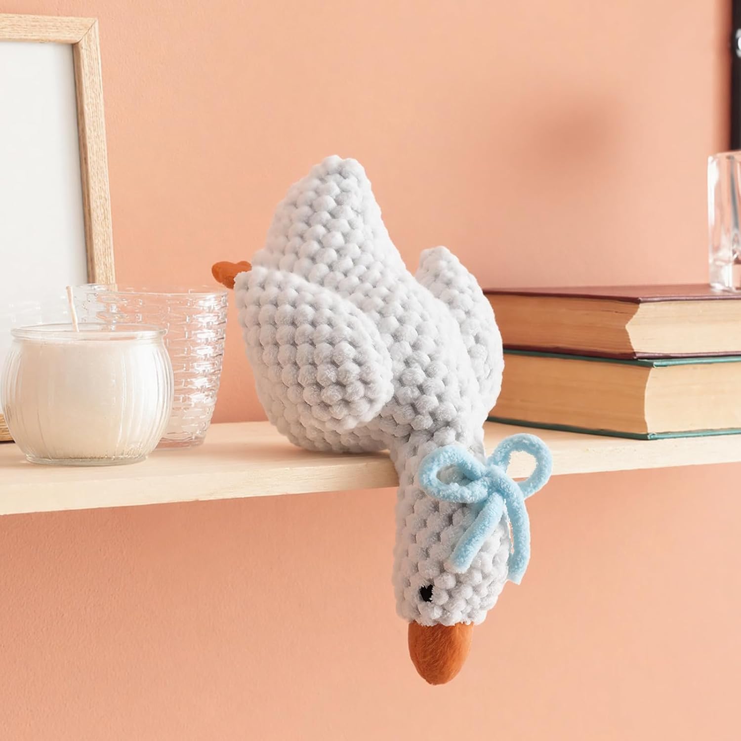 Shappy Silly Desk Goose Stuffed Animal with Velvet Bow, Soft Goose Decor, Cute Low Head Design 8.66 Inch Tabletop Decor for Office Bedroom Living Room, Embroidered Farmhouse Gift (Blue)