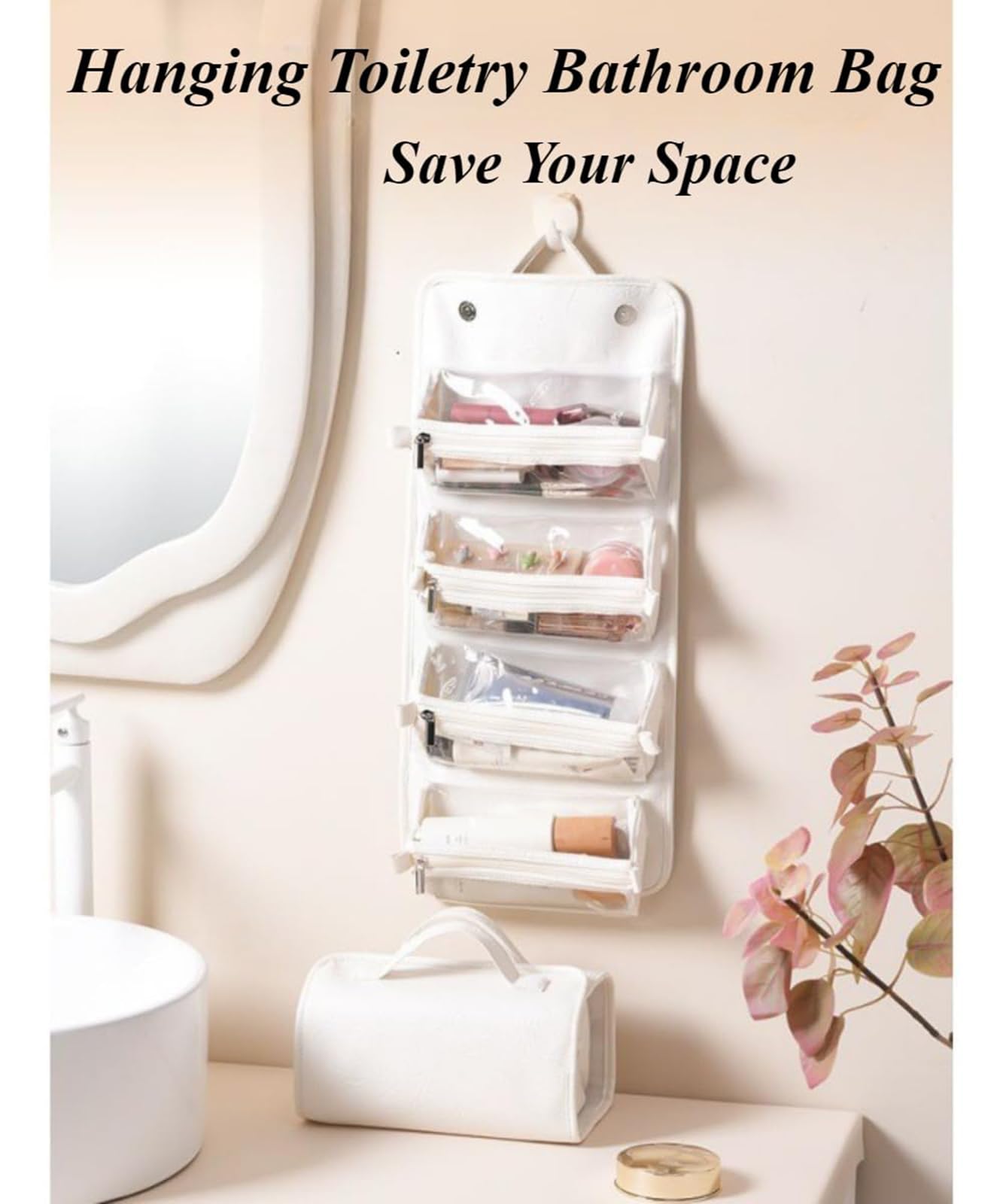Trousse da viaggio impermeabile, 4 in 1, staccabile, grande capacità, trousse da toilette con 4 scomparti trasparenti staccabili, bianco, Impermeabile, da appendere