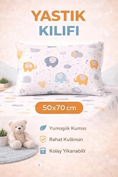 Lastikli Çarşaf Lüks%80 Pamuklu Tek Kişilik Takımı Çocuk Ayı desen +1 Adet%80 pamuklu Hayavan-Fil Desenli Yastık kılıflı
