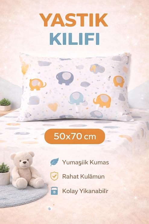 Lastikli Çarşaf Lüks%80 Pamuklu Tek Kişilik Takımı Çocuk Ayı desen +1 Adet%80 pamuklu Hayavan-Fil Desenli Yastık kılıflı