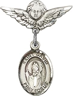 Sterling Silver Baby Badge with St. David of Wales Charm and Angel w/Wings Badge Pin 7/8 X 3/4 inches