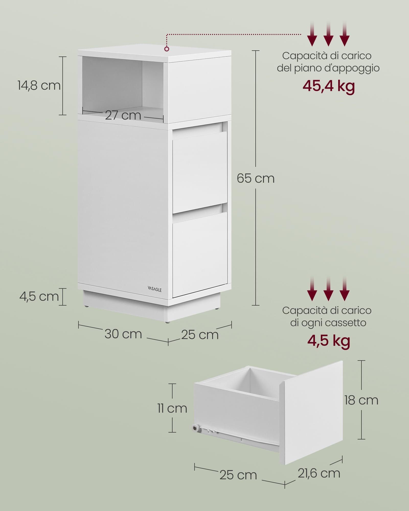 VASAGLE KAILYN Collezione - Comodini Stretti, Set di 2, Tavolini con 2 Cassetti e Scomparto verso Sinistra o Destra, per Camera da Letto, Soggiorno, Moderno, Bianco Nuvola LET856W01