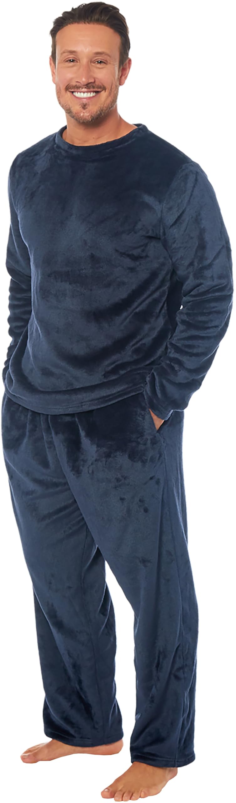 MICHAEL PAUL Mens Soft & Cosy Fleece Pyjamas | Warm PJ Set Nightwear Sleepwear Loungewear Modern Set with Check Bottoms | Soft Twosie Pyjama Set for Men Gifts for Him Navy M