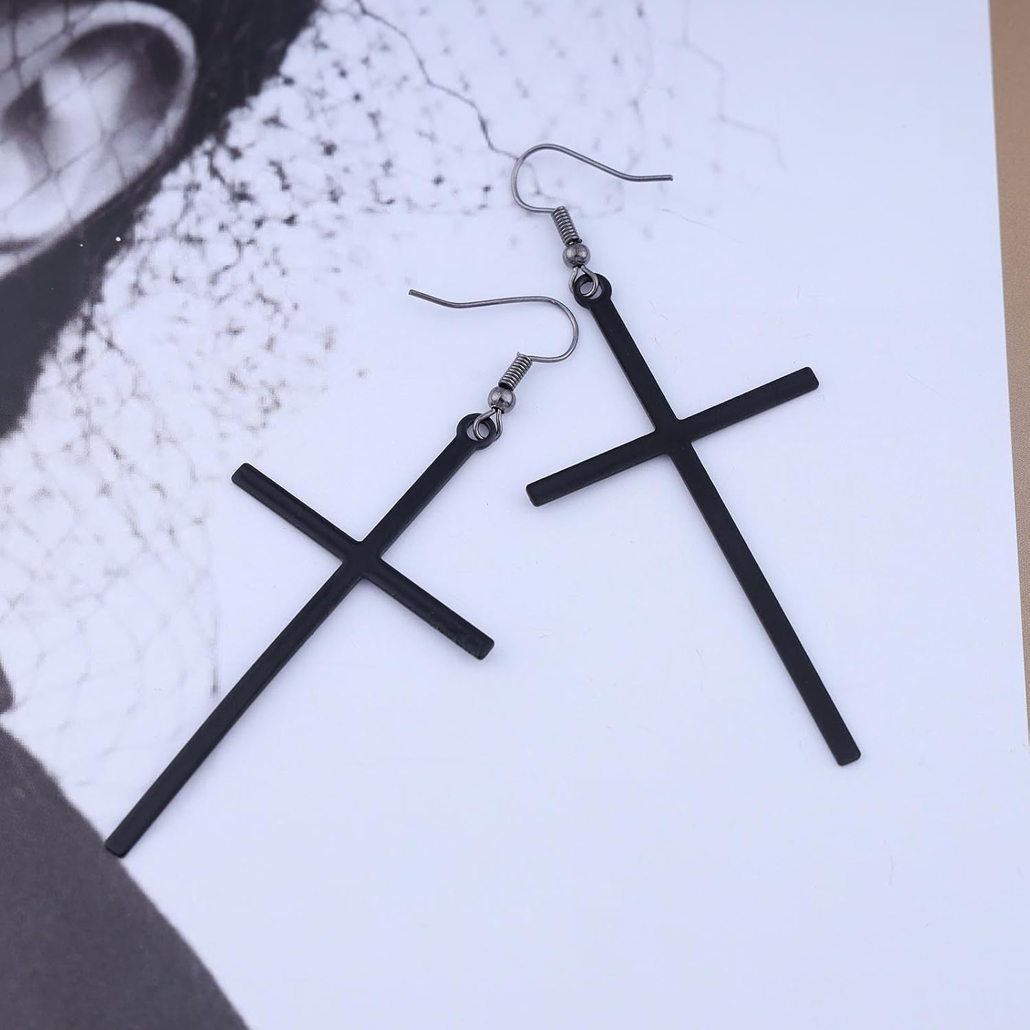 Vintage Cross Dangle Earrings - Large Drop Earrings With Big Cross Hooks - Gold Retro Stud Earrings for Women Black image 7 of 7 B0CG1PR9NR