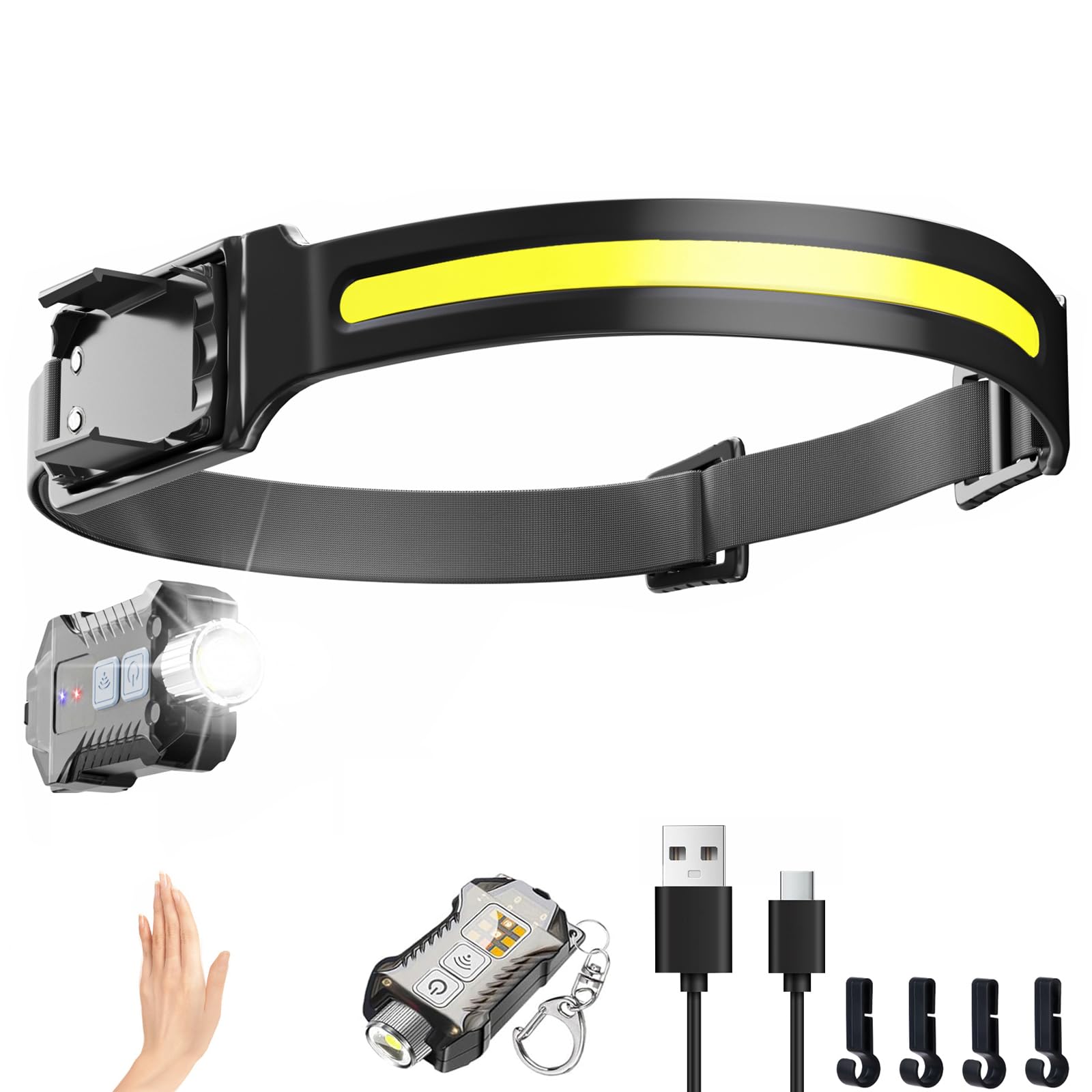 Head Torch Rechargeable,Headlamp with Red Light 2 in 1 Detachable Mini Headtorch 9 Mods LED Headlight with Motion Seonsor IPX5 Waterproof Head Lamps for Adults Kids Camping,Hiking,Fishing and Running
