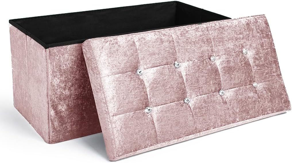 New Large Ottoman Foldaway Storage Blanket Toy Box Bench Twill Linen with Buttons Lt Grey/Slate Grey (76x38cms Crushed Velvet Blush Pink)