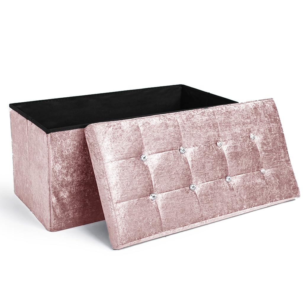 Home Republic Crushed Velvet Ottoman Storage Box – Foldable Cube Ottoman with Lid – Multipurpose Toy Chest, Foot Rest, Bench Seat & Nursery Storage Solution (Pink Blush, 76W)