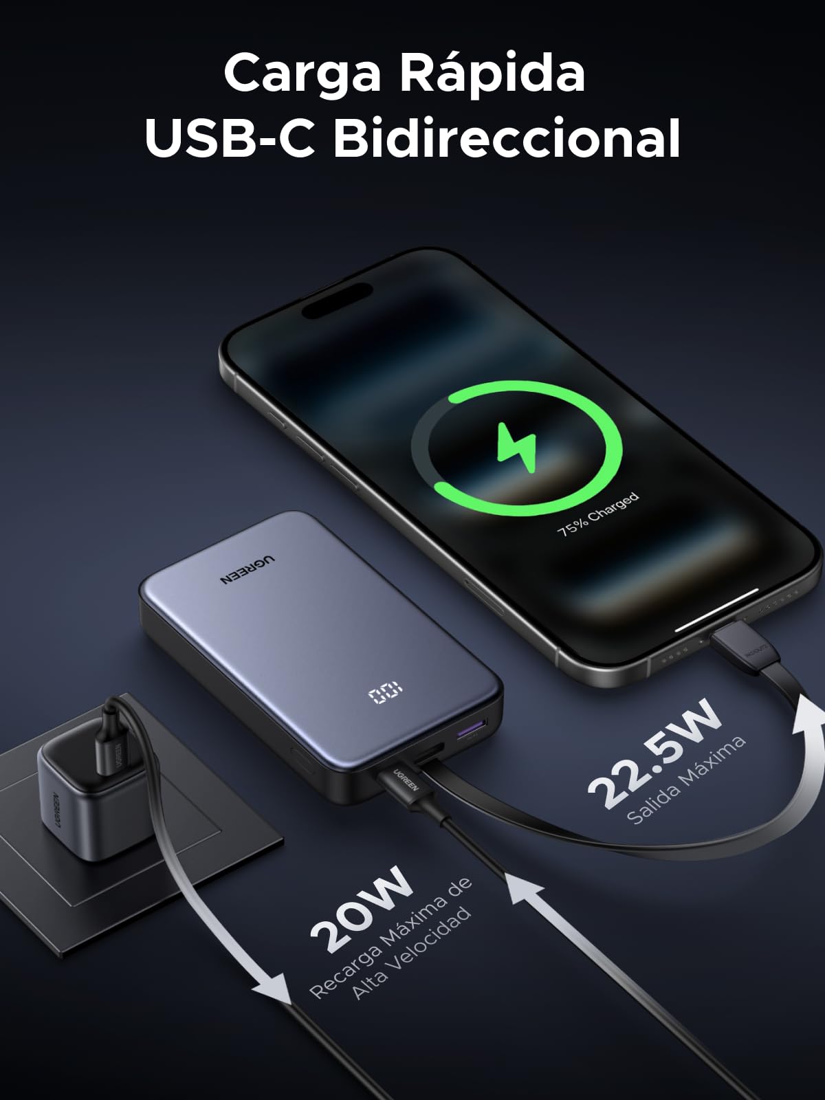 UGREEN Power Bank 20000mAh 22.5W, Batería Externa con Cable USB-C Integrado, Cargador Portátil Compatible con iPhone 16/15 Pro MAX Plus, Galaxy S24 S23 S22 Ultra, Pixel 9/8 XL
