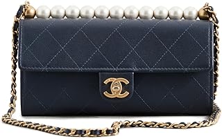 CHANEL What Goes Around Comes Around Women's Pre-Loved Navy Calfskin Chic Pearl Wallet On Chain