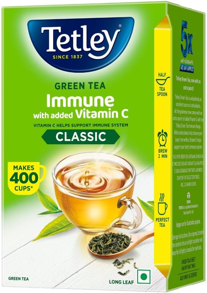 Tetley Loose Green Tea Leaves 500g, Classic Flavour, Immune With Added Vitamin C, Makes 400 Cups, Long Leaf Tea, 5X Antioxidants As An Apple