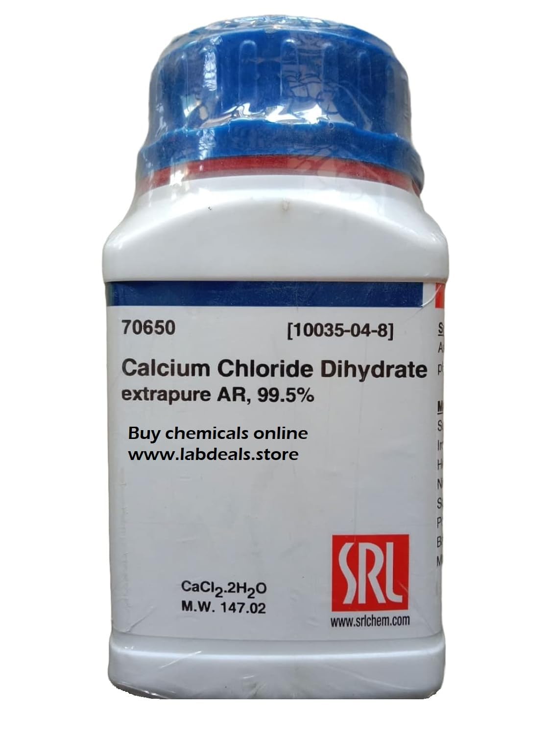 SRL Calcium Chloride Dihydrate ACS Grade, 99% Assay, 500Gm, CAS 10035-04-8, Molecular Formula : CaCl2.2H2O, Storage : Room Temperature, Shelf Life : 60 Months, for laboratory use only.