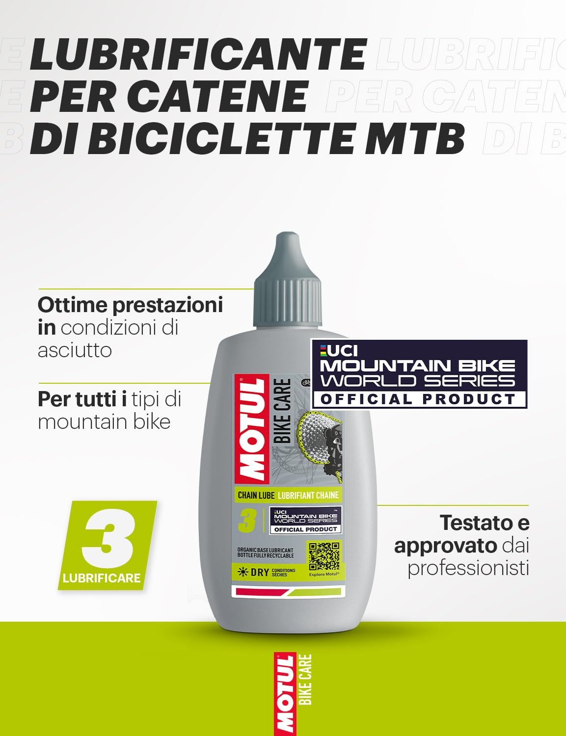 Motul - Lubrificante per Catene di Biciclette MTB, Condizioni di Asciutto - Antiusura - Resistente all'Acqua e alla Ruggine - Flacone con Contagocce - Bike Care Chain Lube Dry off Road - 100 ml