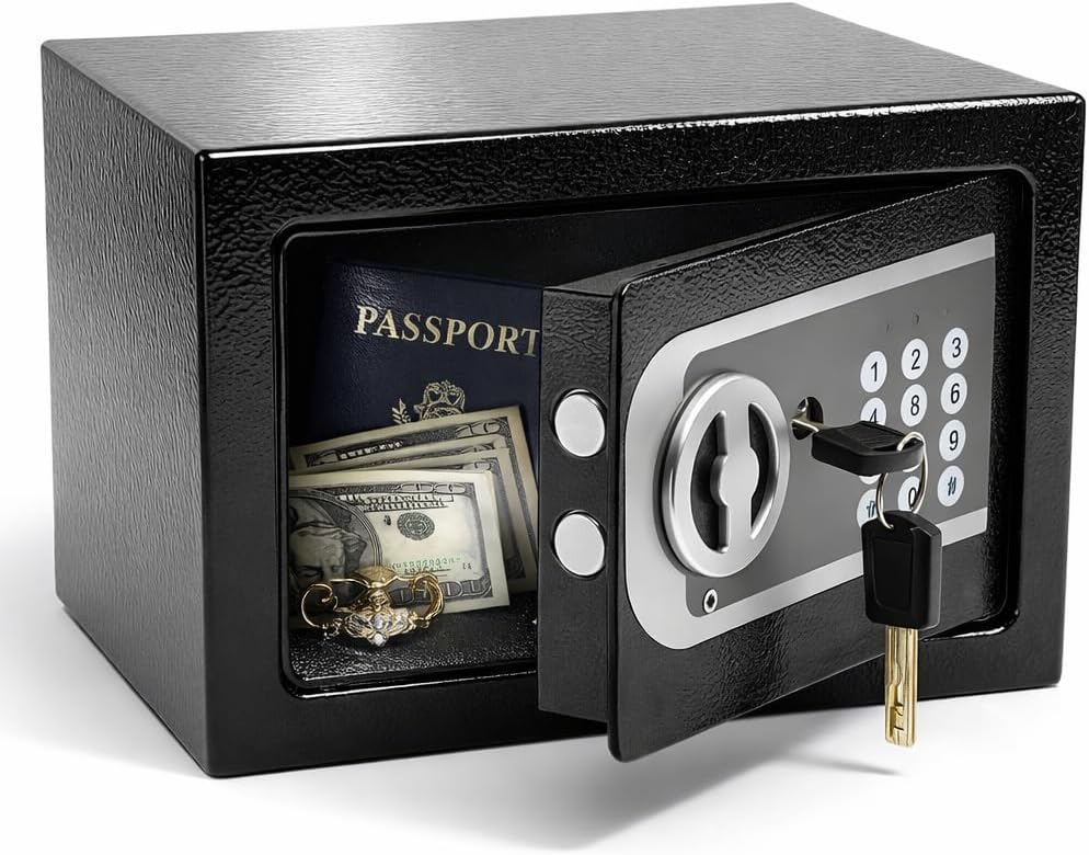 0.23 Cuft Small Home Safe, Mini Digital Safe Box with Programmable Keypad Spare Keys, Security Safes for Home Office, Money Safe for Cash Valuables Documents Medicines(without shelf)