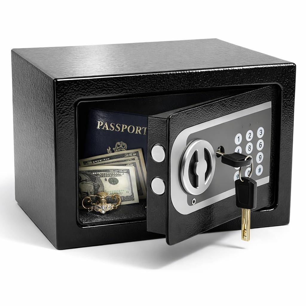 0.23 Cuft Small Home Safe, Mini Digital Safe Box with Programmable Keypad Spare Keys, Security Safes for Home Office, Money Safe for Cash Valuables Documents Medicines(without shelf)-image-34