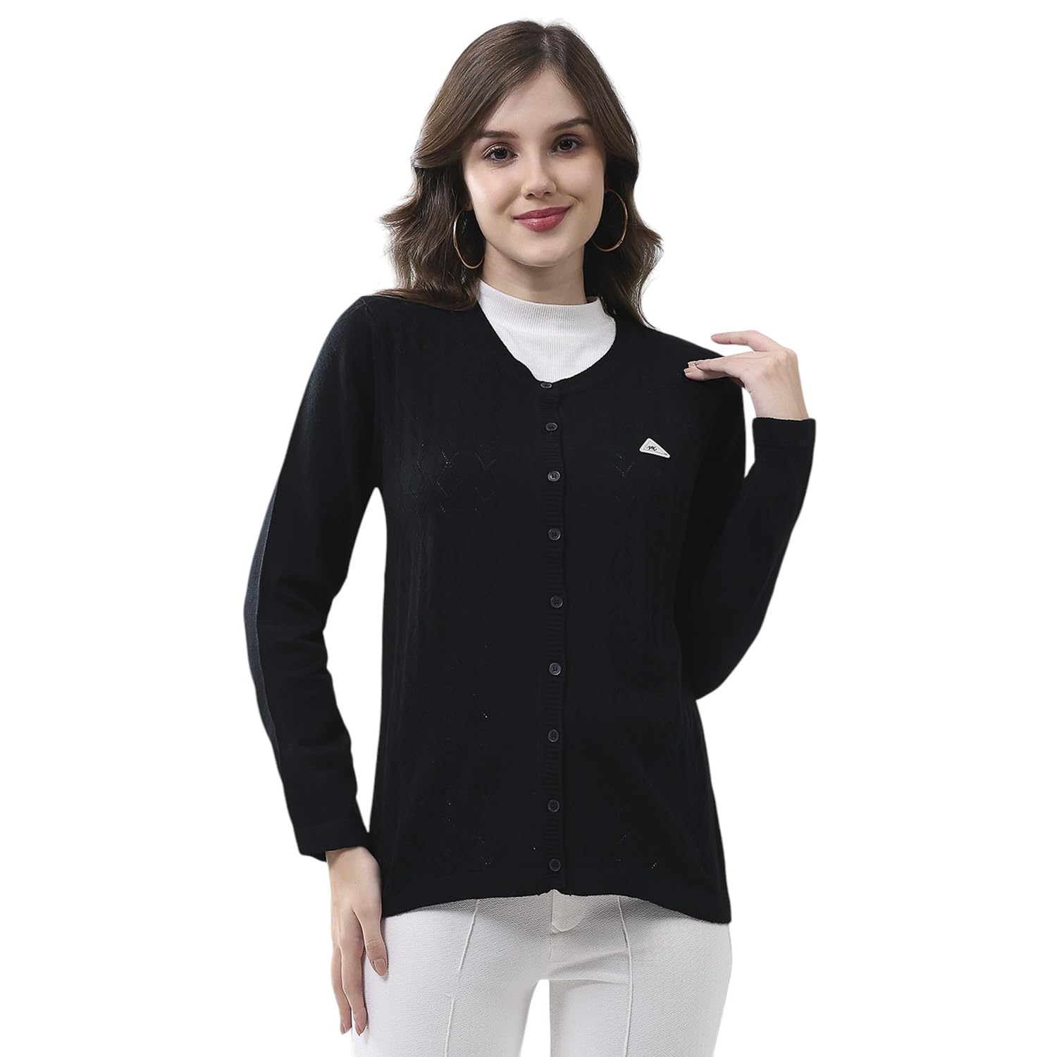 Women Round Neck Self Design Cardigan | Regular Fit Full Sleeve Knitwear | Stylish Winter Sweater for Casual & Formal Looks (Pack 1)