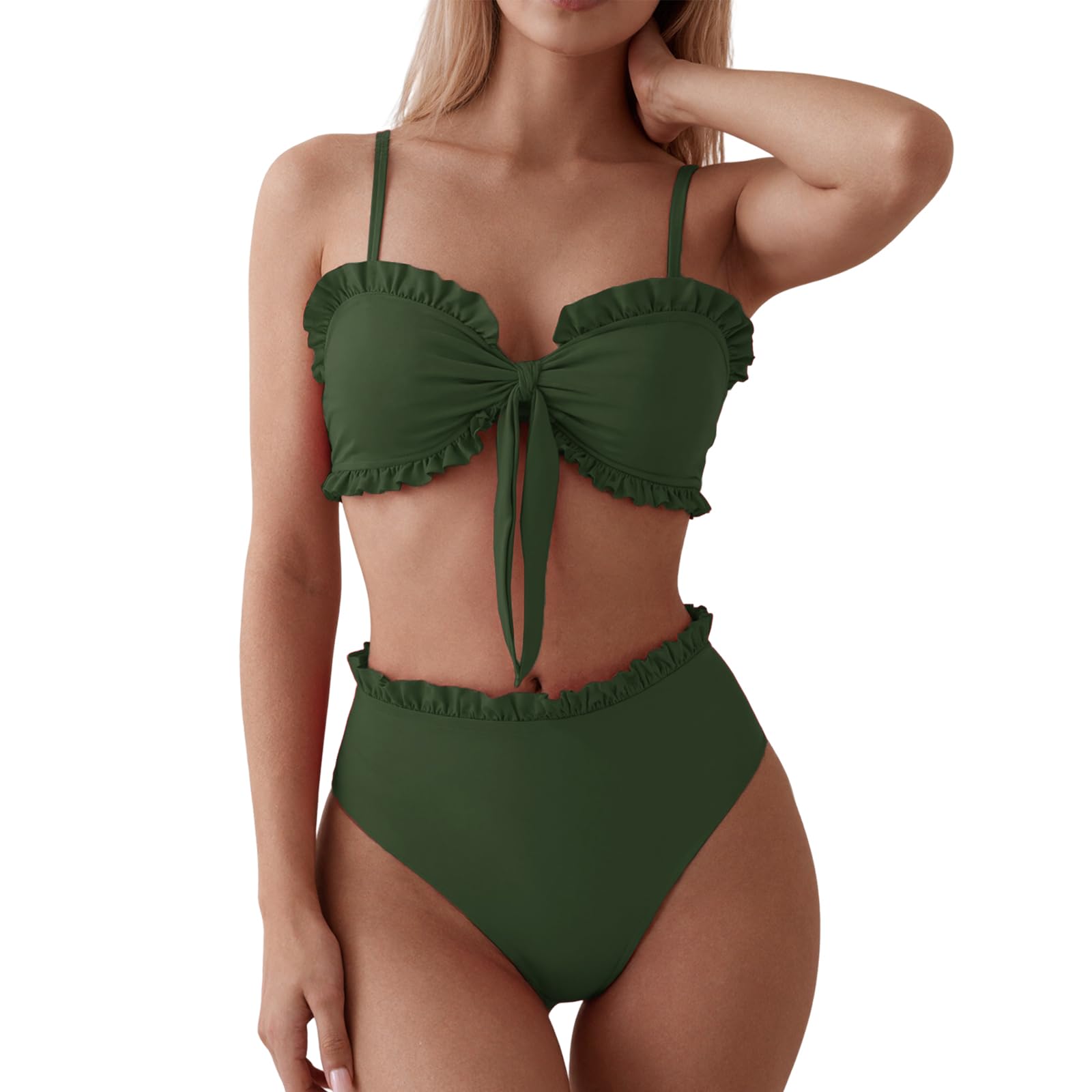 OUSIMEN Damski zestaw bikini z regulowanymi ramiączkami, dekolt w kształcie litery V, falbanki, węzły motylkowe, moda kąpielowa, dwuczęściowy strój kąpielowy