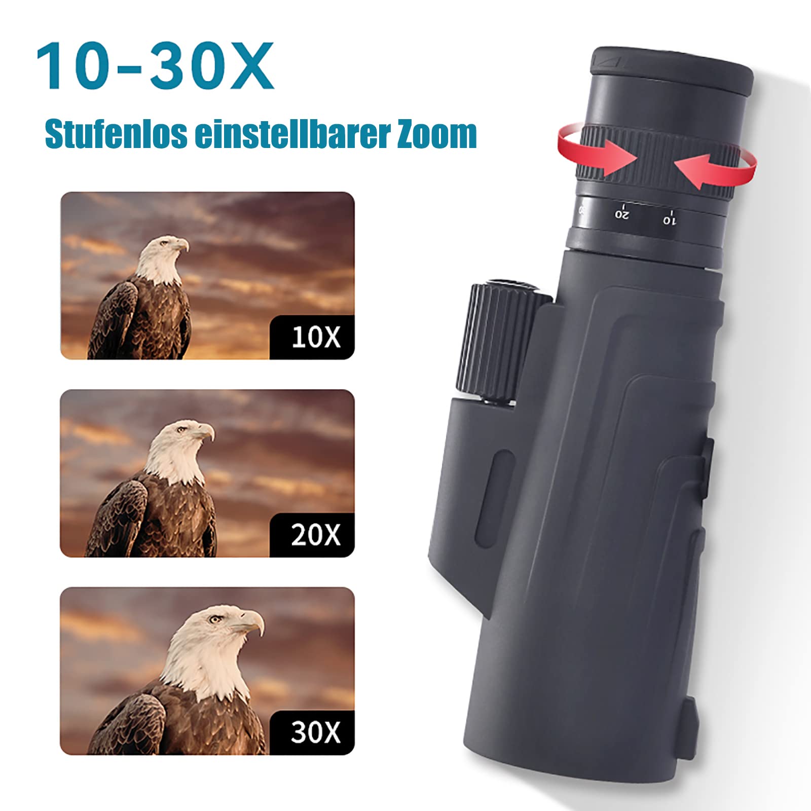 Monokular Teleskop 10-30x50 ED Zoom Monokulare IPX7 Stickstoffgefüllt und Wasserdicht mit BAK4 Prisma & FMC Linse with Adapter and Tripod für Klettern, Ballspiele, Wildtierbeobachtung
