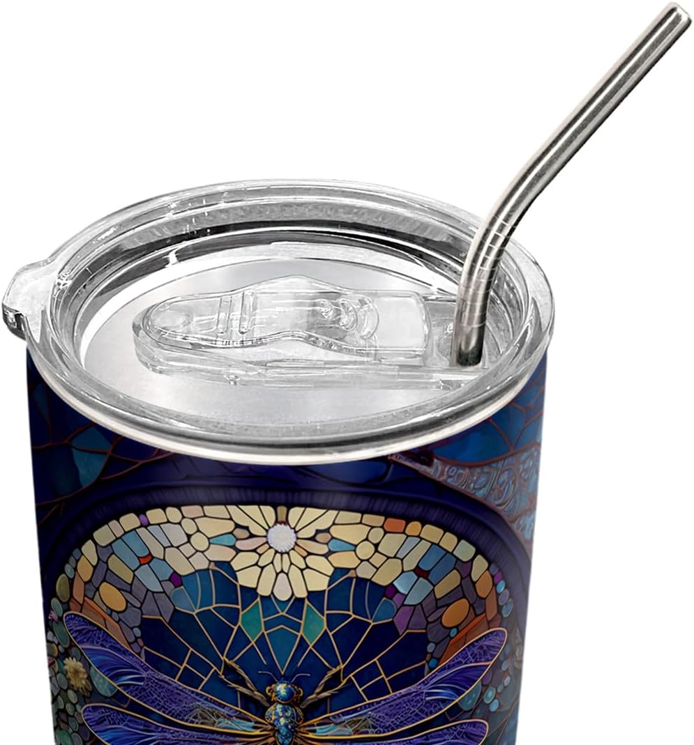 20oz Blue Purple Stained Glass Mosaic Crystal Dragonfly Tumbler, Gifts for Dragonfly Lovers, Coffee Tumbler for Women, Stainless Steel Double Wall Vacuum Insulated Coffee Mug, Travel Cup with Lid - G
