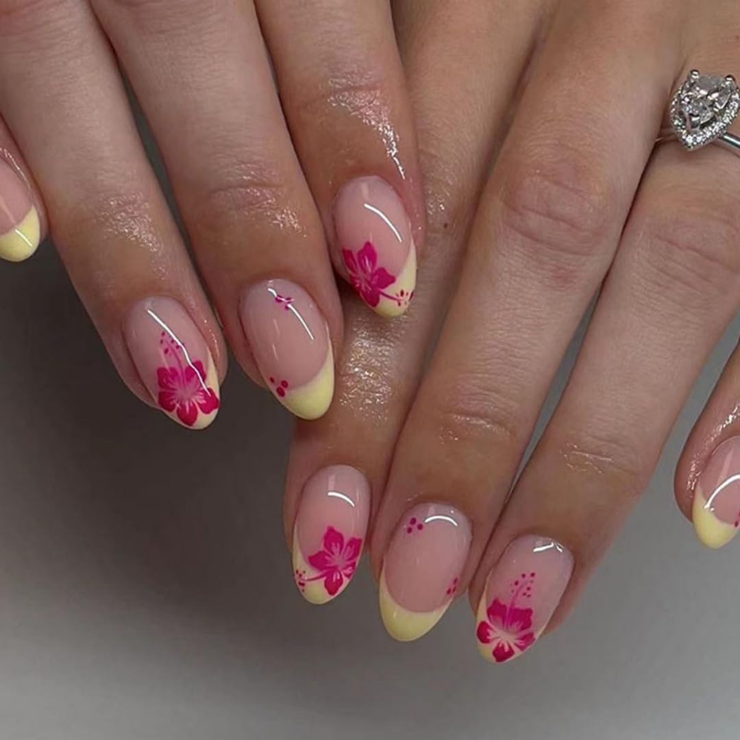 SXVME Yellow French Tip Press on Nails Short Oval, Flower False Nails Short Almond