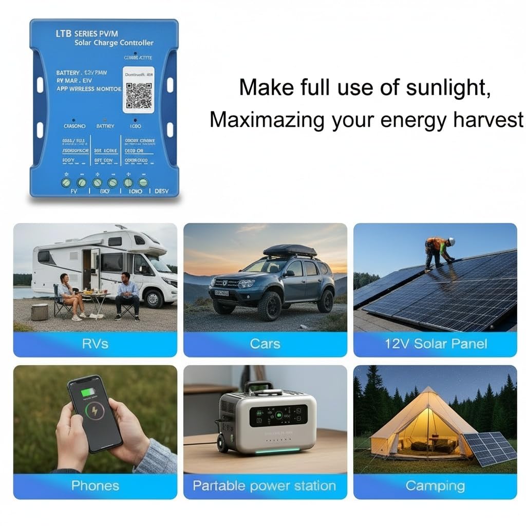 Regolatore solare Bluetooth da 30 A: regolatore solare 30 A PV max 50 V 12 V/24 V regolatore solare PWM per batterie al piombo acido, LiFePO4, al litio
