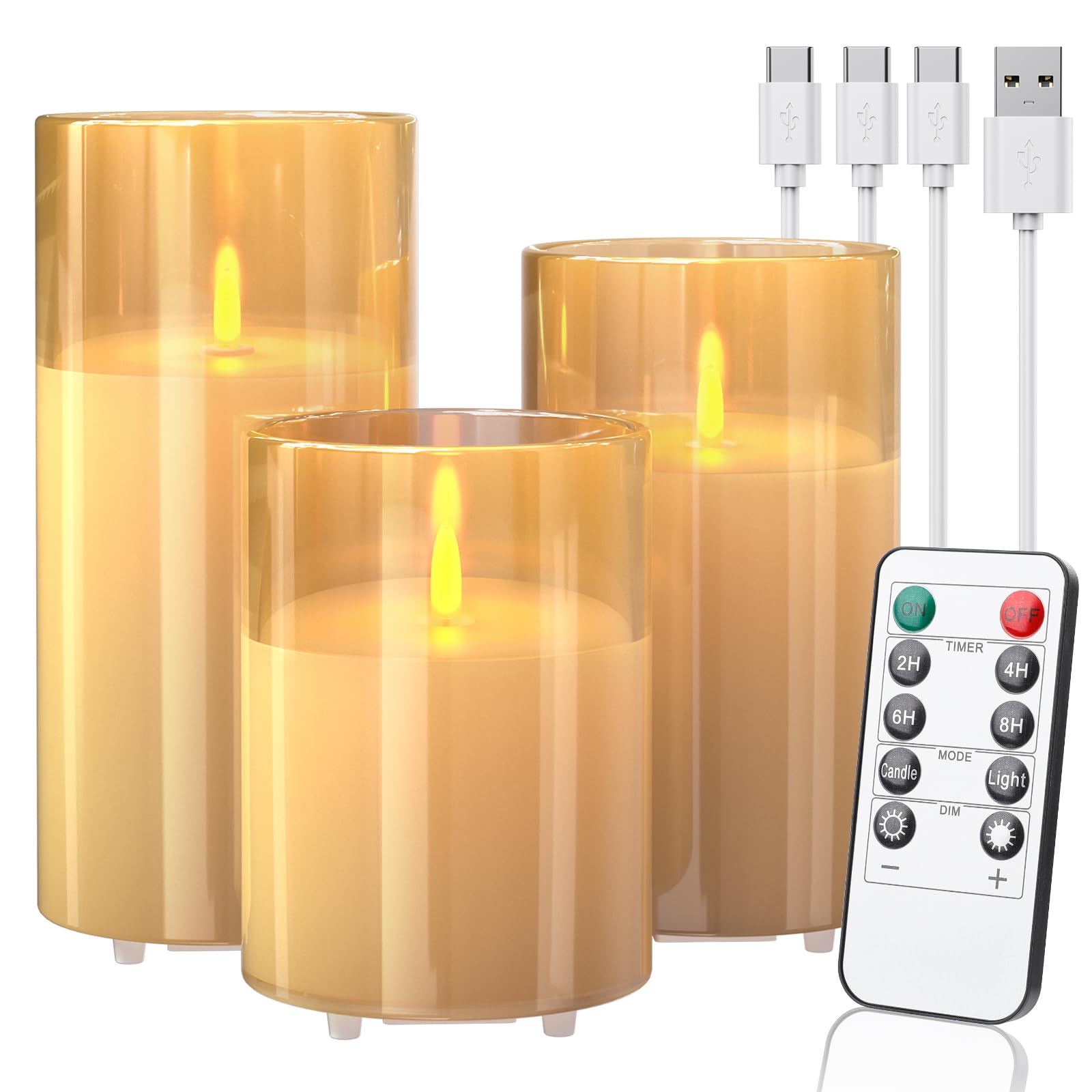 Rechargeable LED Candle Lights Glass Flameless Candles, Flameless Flickering Lights with Remote Control 2/4/6/8-hrs Timer Function, Flickering Candles Set of 3 x H4''/5''/6''' - Warm Yellow