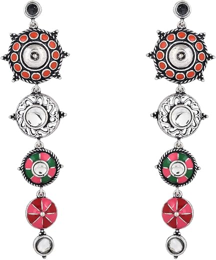 VOYLLA Folklore Enamelled Circular Long Drop Earrings
