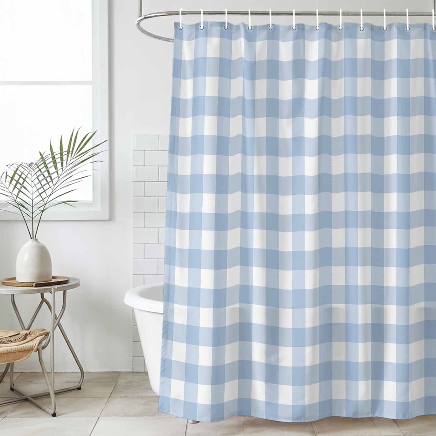 Light Blue Plaid Shower Curtain Set - Long 72" x 84" Washable Bathtub Curtain with 12 Hooks, Modern Minimalist Country Waterproof Fabric Stall Shower Curtains for Bathroom/Bathtub Décor