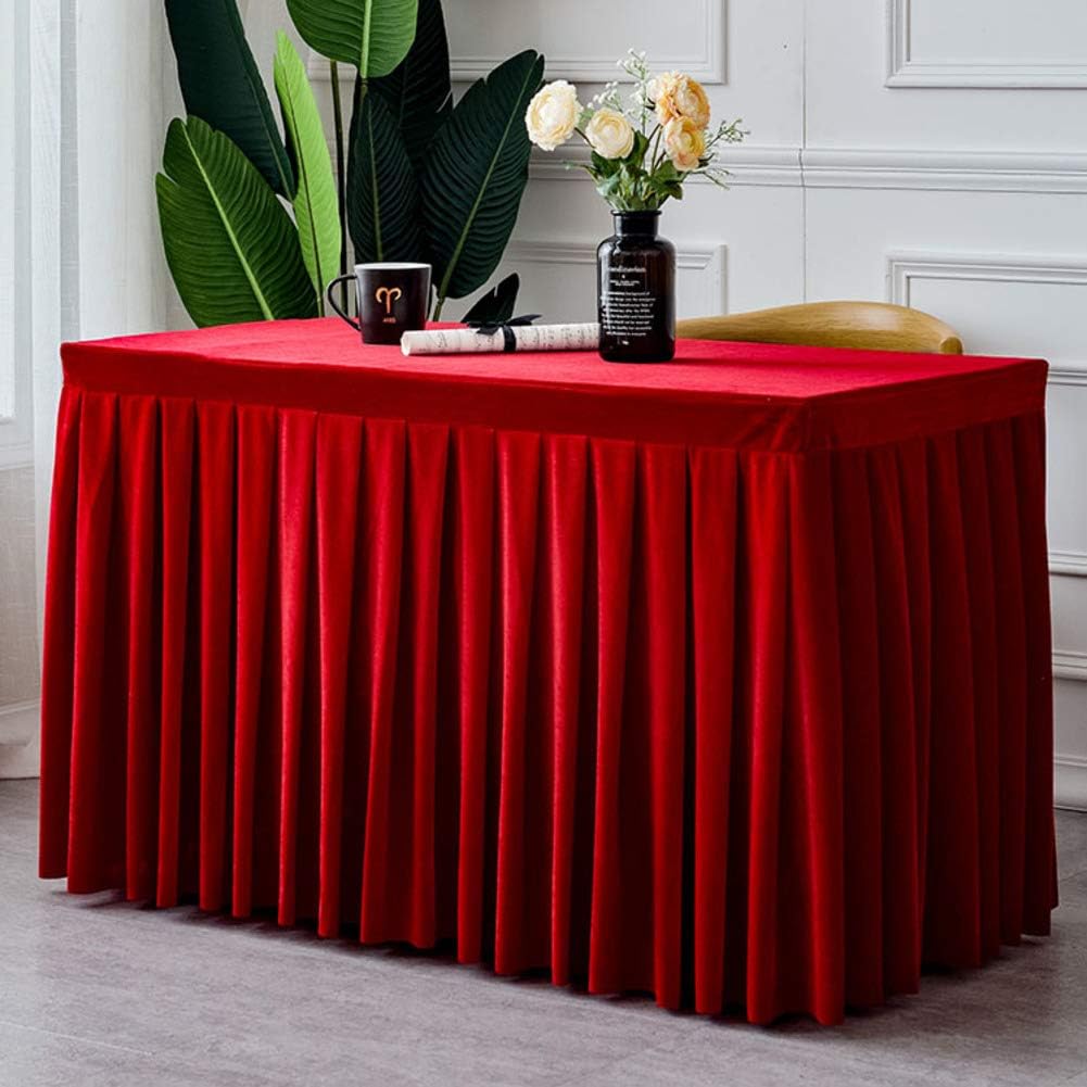 YUMUO Pleated Table Cover for Party Birthdays Show Meeting Exhibition Rectangular Table,Plush Solid Color Simple Table Skirt,Rectangular Velvet Tablecloth Red Wine 120x40x75cm(47x16x30inch)