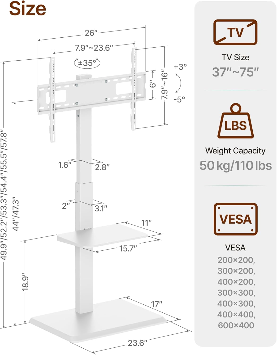 Steel Base Floor TV Stand with Power Outlet for 32-75 inch TVs up to 110 lbs, Leveling & Tilt & Swivel TV Stand with Hidden Wire Management, Height Adjustable TV Stand with Steel Shelf, White