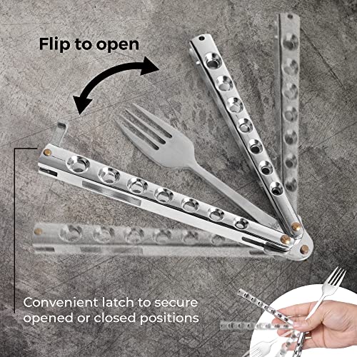Caliber Gourmet Tactical Butterfly Knife Spoon, Folding Stainless Steel, Switchblade Knife, Camping, Hiking, Kitchen Bbq Grill Picnic Flatware Utensil (Fork) #TOP2