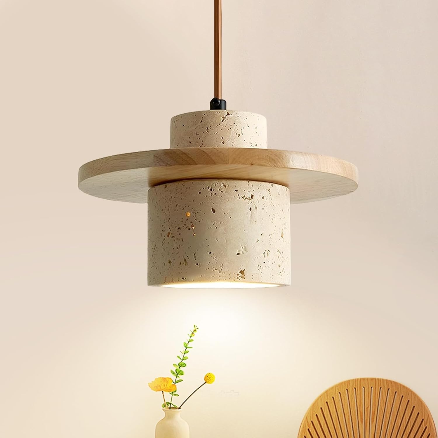 Stesulfr Nordic Natural Stone Wabi-Sabi Ceiling Pendant Light Yellow Cave Stone E27 Chandelier Vintage Farmhouse Travertine Droplight Bedside Restaurant Kitchen Dining Solid Wood Bar Kitchen