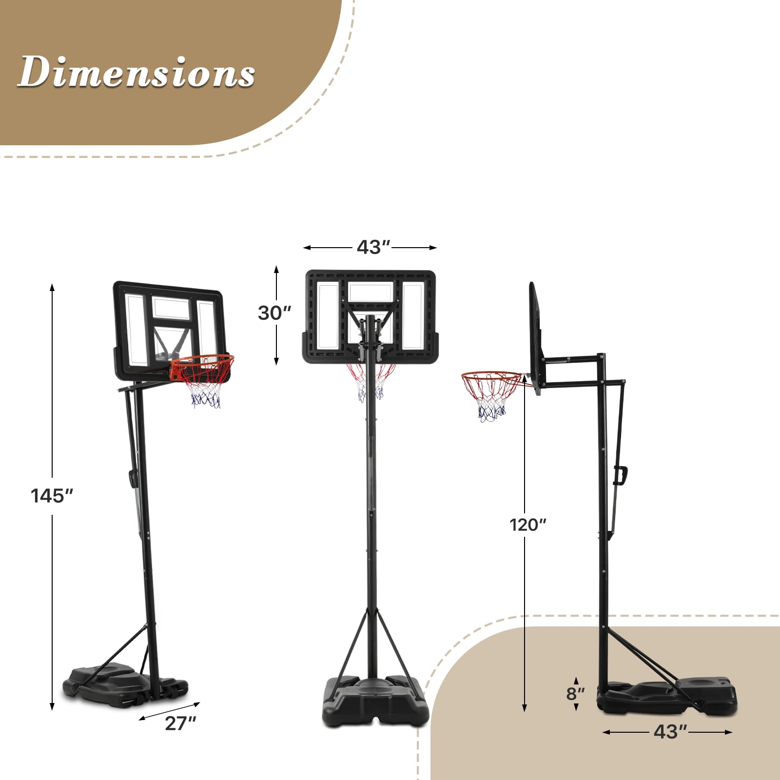 Athena Collection Portable Basketball Hoop Height Adjustable with Shatter-Proof Backboard, Basketball Hoop & Goal with Base and Wheels Outdoor Play Equipment for Adult, Kids, Black