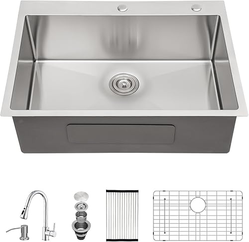 Miniatura 59 de Fregadero de cocina de 33 x 22 pulgadas, montaje superior, acero inoxidable 304, calibre 16, esquinas redondas, grandes fregaderos de cocina de Drop