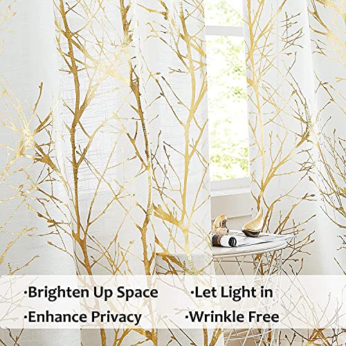 Fmfunctex White Gold Semi Sheer Curtains for Bedroom 54 Drop Voile Curtain for Living Room Branch Foil Eyelet Linen Textured Light Filtering Window Curtain Drapes for Dining Room 2 Panels - Image 4
