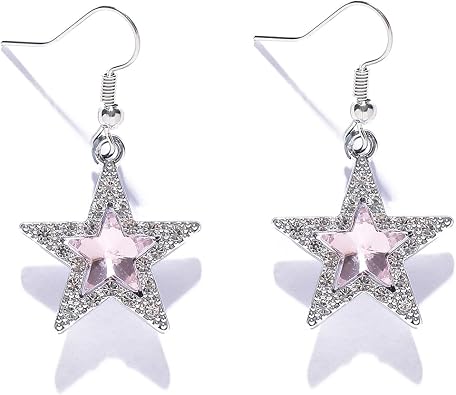 Crystal Star Dangle Earrings for Women Vintage Red Pink Blue Gemstone Earring Sparkly Zircon Star Drop Earrings Simple CZ Fashion Jewellery
